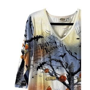 Womens Medium Top Fall Halloween 3/4 Sleeve Tee Shirt Jack-O-Lantern Whimsigoth